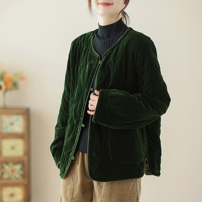 Buddha Stones, wzór diamentowy, krótka damska kurtka z długim rękawem, gruba, z kieszeniami - Ciemnozielony - US12, UK/AU16, EU44 (2XL) - image 0