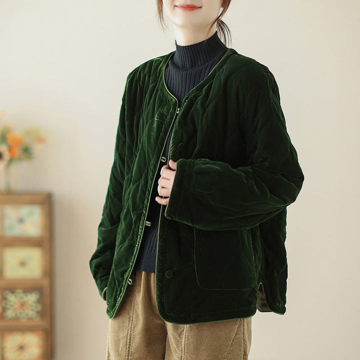 Buddha Stones, wzór diamentowy, krótka damska kurtka z długim rękawem, gruba, z kieszeniami - Ciemnozielony - US12, UK/AU16, EU44 (2XL) - image 0