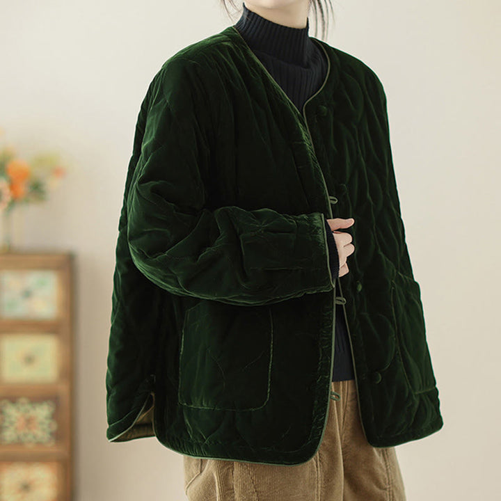 Buddha Stones, wzór diamentowy, krótka damska kurtka z długim rękawem, gruba, z kieszeniami - image 3