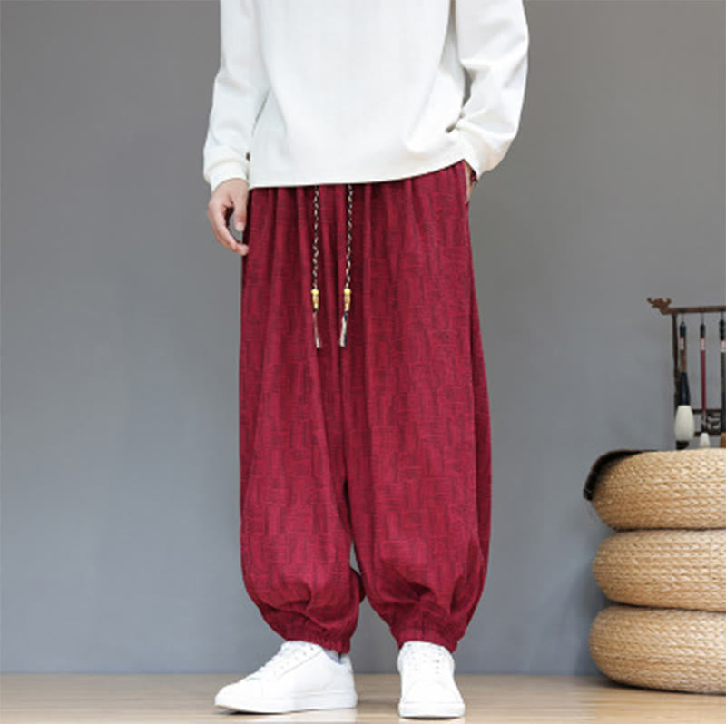 Spodnie haremowe męskie z kieszeniami, z bawełny sztruksowej, z motywem żakardowej kraty i Buddha Stones - Karmazynowy - US/UK/AU46， EU56 (5XL) - image 24