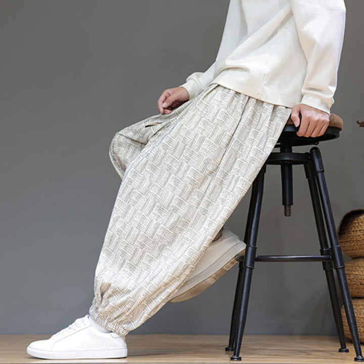 Spodnie haremowe męskie z kieszeniami, z bawełny sztruksowej, z motywem żakardowej kraty i Buddha Stones - image 18