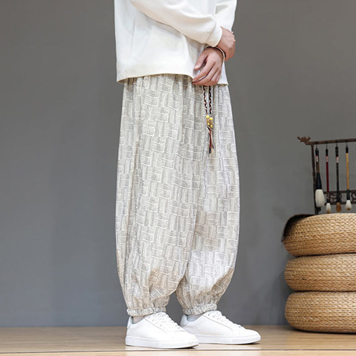Spodnie haremowe męskie z kieszeniami, z bawełny sztruksowej, z motywem żakardowej kraty i Buddha Stones - image 17