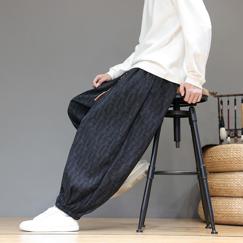 Spodnie haremowe męskie z kieszeniami, z bawełny sztruksowej, z motywem żakardowej kraty i Buddha Stones - image 9