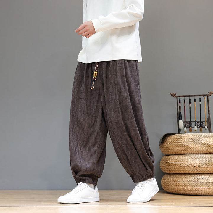Spodnie haremowe męskie z kieszeniami, z bawełny sztruksowej, z motywem żakardowej kraty i Buddha Stones - SaddleBrown - US/UK/AU46， EU56 (5XL) - image 0