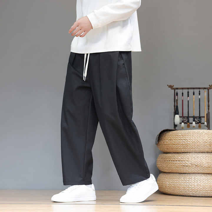 Męskie spodnie haremowe z kieszeniami i prostymi nogawkami w jednolitym kolorze z motywem Buddha Stones - image 26