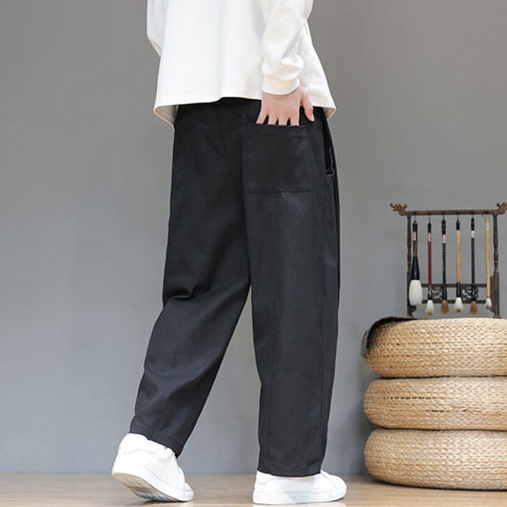 Męskie spodnie haremowe z kieszeniami i prostymi nogawkami w jednolitym kolorze z motywem Buddha Stones - image 27