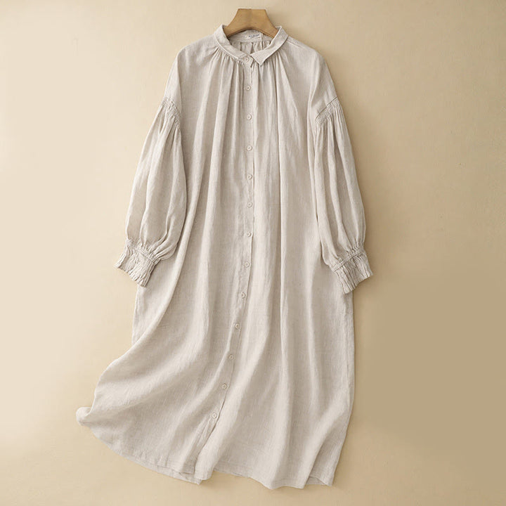 Sukienka midi z bawełny z długimi rękawami i kieszeniami, w kolorze beżowym z motywem Buddha Stones, z guzikami i klapami - Beżowy - US8-10，UK/AU12-14，EU40-42 (2XL) - image 0