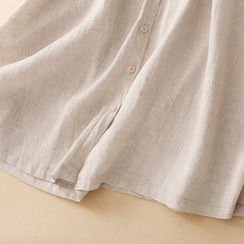 Sukienka midi z bawełny z długimi rękawami i kieszeniami, w kolorze beżowym z motywem Buddha Stones, z guzikami i klapami - image 6