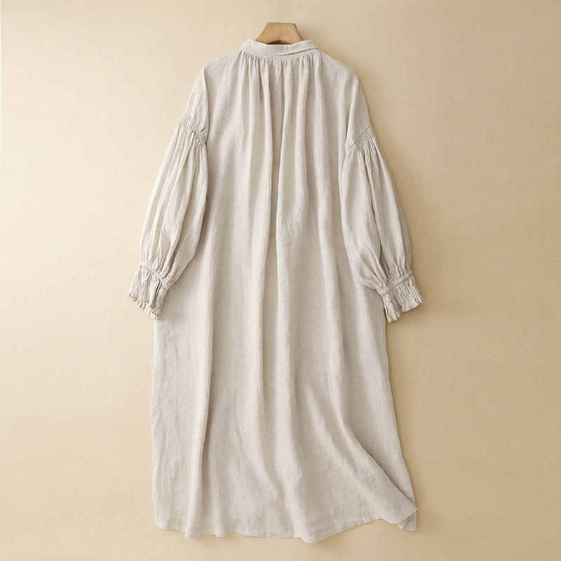 Sukienka midi z bawełny z długimi rękawami i kieszeniami, w kolorze beżowym z motywem Buddha Stones, z guzikami i klapami - image 1