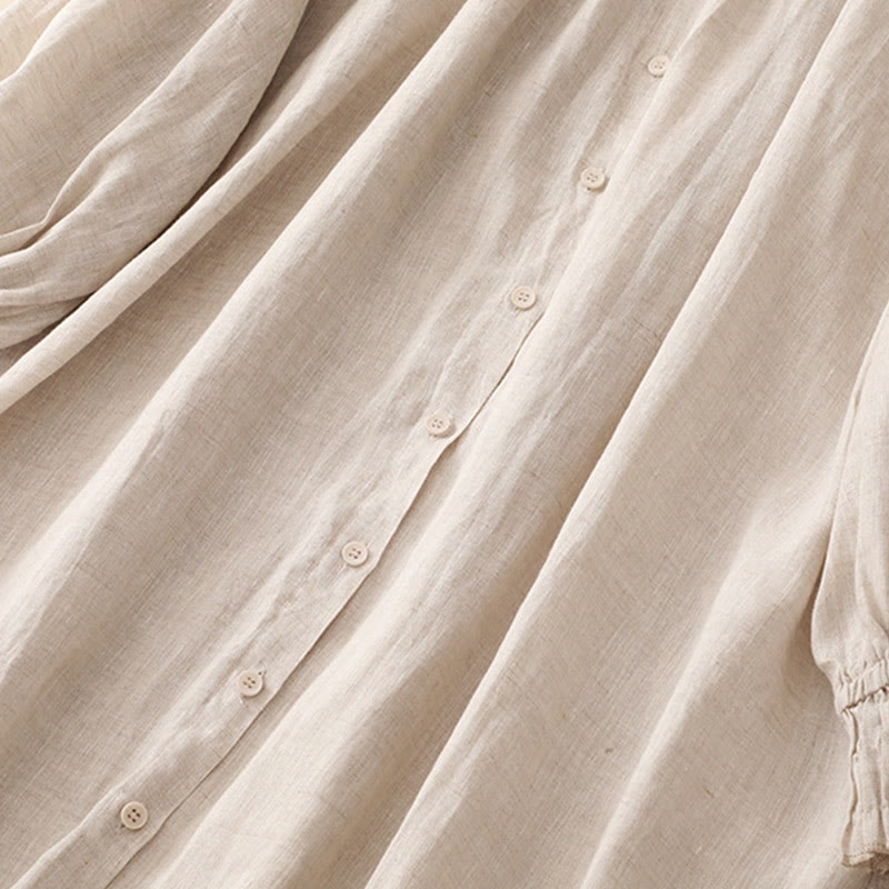 Sukienka midi z bawełny z długimi rękawami i kieszeniami, w kolorze beżowym z motywem Buddha Stones, z guzikami i klapami - image 5