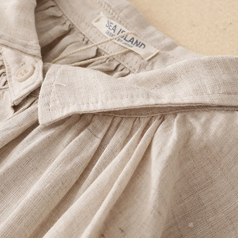 Sukienka midi z bawełny z długimi rękawami i kieszeniami, w kolorze beżowym z motywem Buddha Stones, z guzikami i klapami - image 3