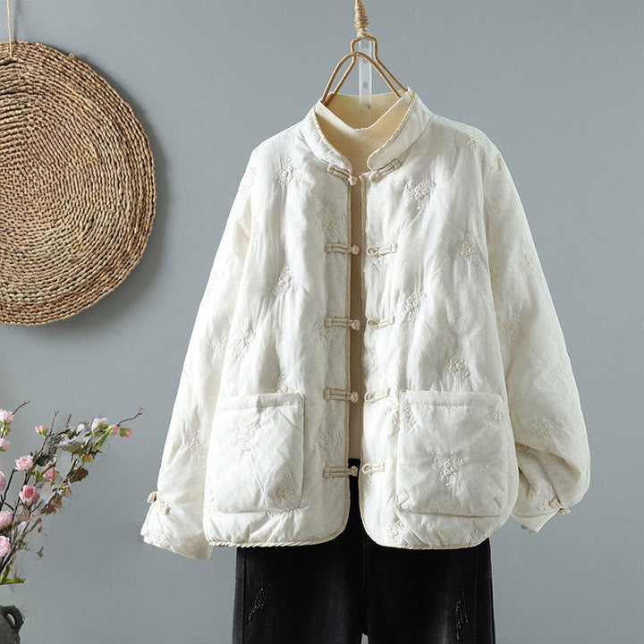 Kurtka damska z długim rękawem z grubej bawełny z kieszeniami i kwiatowym kołnierzykiem ze stójką i żabą w kształcie Buddha Stones - Kość słoniowa - US8-10，UK/AU12-14，EU40-42 (2XL) - image 0