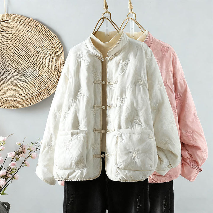 Kurtka damska z długim rękawem z grubej bawełny z kieszeniami i kwiatowym kołnierzykiem ze stójką i żabą w kształcie Buddha Stones - image 4