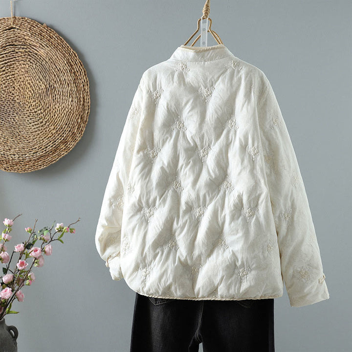 Kurtka damska z długim rękawem z grubej bawełny z kieszeniami i kwiatowym kołnierzykiem ze stójką i żabą w kształcie Buddha Stones - image 2