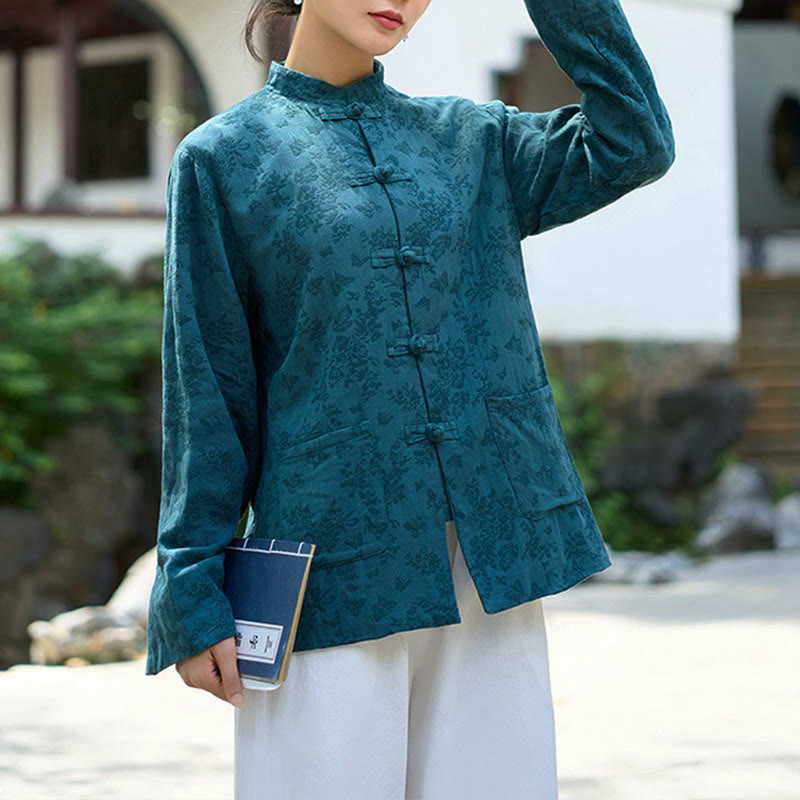 Koszula damska z długim rękawem i kieszeniami, z guzikami żaba i żakardem, z motywem Buddha Stones - Niebieska koszula - US8-10，UK/AU12-14，EU40-42 (2XL) - image 0