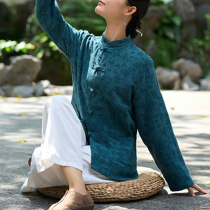 Koszula damska z długim rękawem i kieszeniami, z guzikami żaba i żakardem, z motywem Buddha Stones - image 3