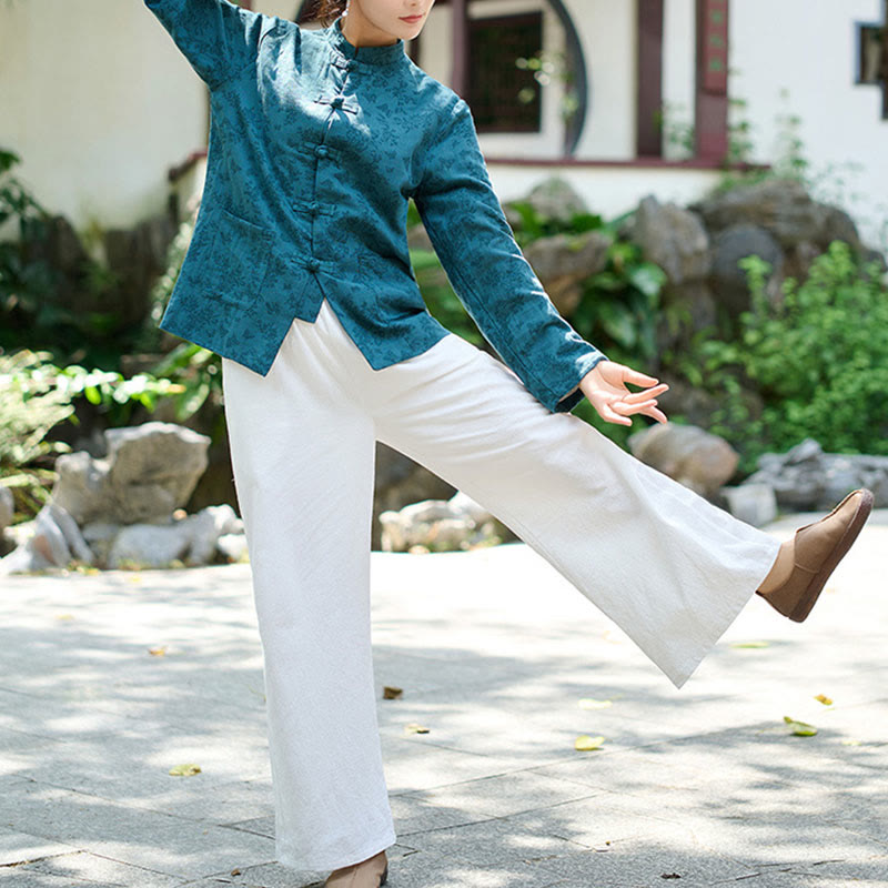 Koszula damska z długim rękawem i kieszeniami, z guzikami żaba i żakardem, z motywem Buddha Stones - image 7