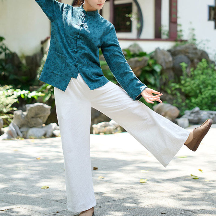 Koszula damska z długim rękawem i kieszeniami, z guzikami żaba i żakardem, z motywem Buddha Stones - image 7