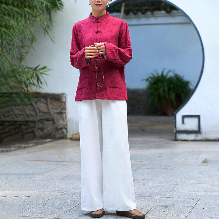 Koszula damska z długim rękawem i kieszeniami, z guzikami żaba i żakardem, z motywem Buddha Stones - image 16