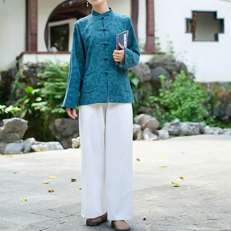 Koszula damska z długim rękawem i kieszeniami, z guzikami żaba i żakardem, z motywem Buddha Stones - image 4