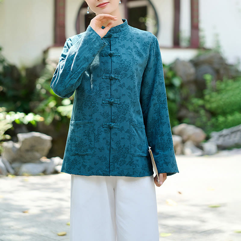 Koszula damska z długim rękawem i kieszeniami, z guzikami żaba i żakardem, z motywem Buddha Stones - image 2