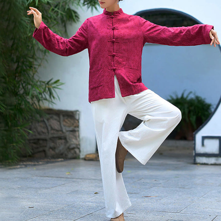 Koszula damska z długim rękawem i kieszeniami, z guzikami żaba i żakardem, z motywem Buddha Stones - image 20