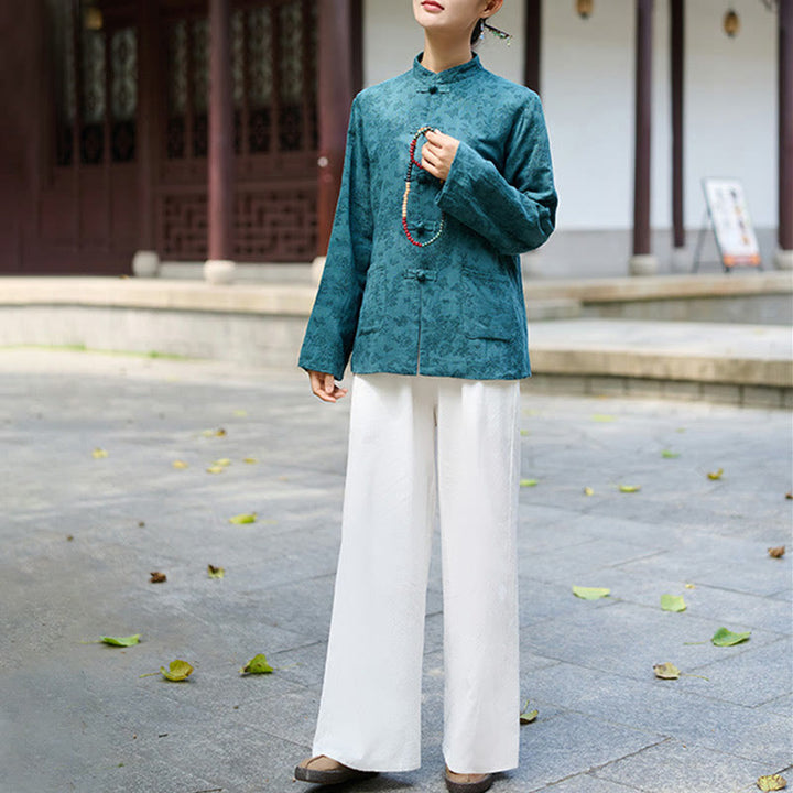 Koszula damska z długim rękawem i kieszeniami, z guzikami żaba i żakardem, z motywem Buddha Stones - image 6