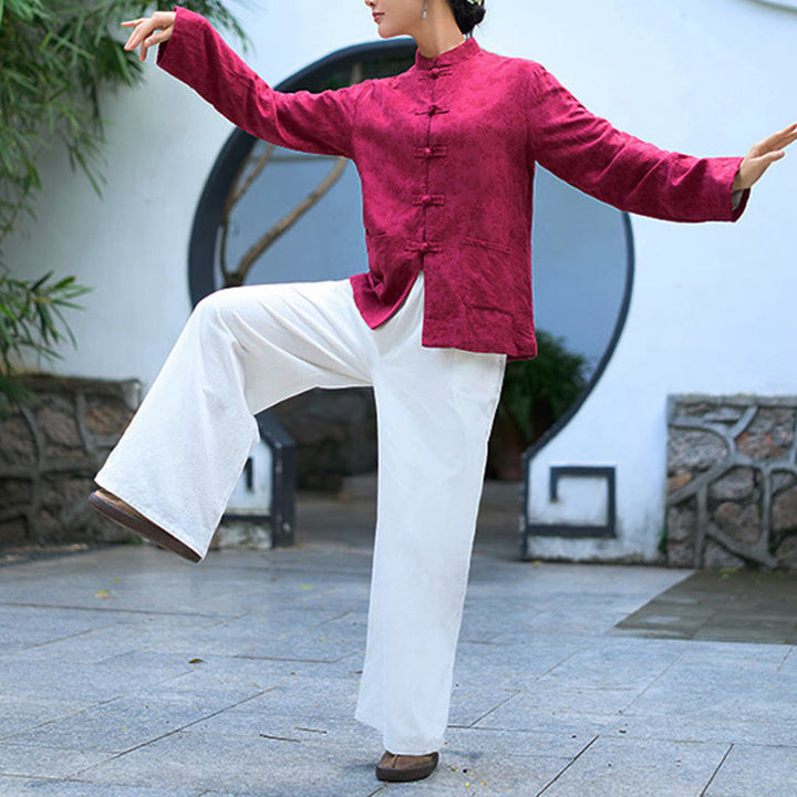 Koszula damska z długim rękawem i kieszeniami, z guzikami żaba i żakardem, z motywem Buddha Stones - image 17