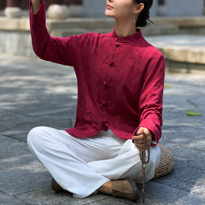 Koszula damska z długim rękawem i kieszeniami, z guzikami żaba i żakardem, z motywem Buddha Stones - image 18