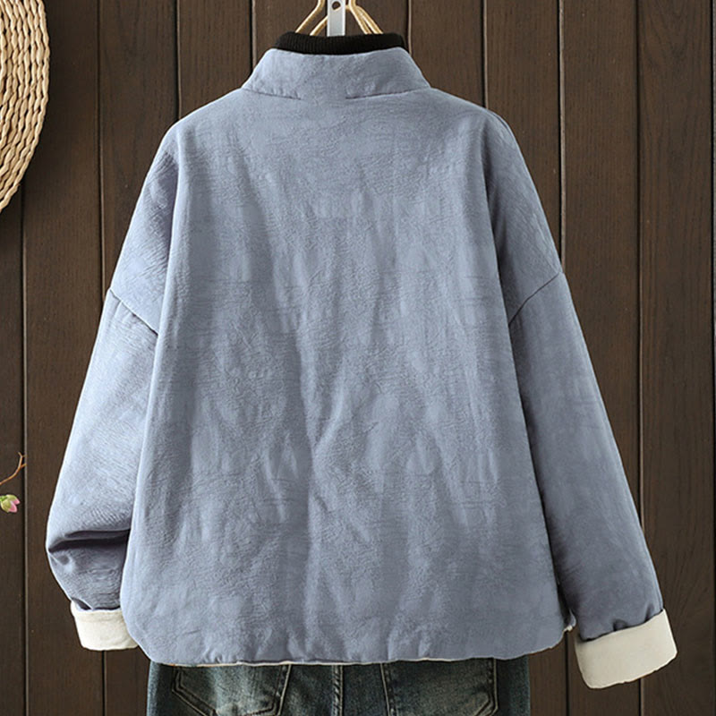 Kurtka damska z długim rękawem z grubej bawełny z motywem kwiatowym i guzikami w kształcie żaby w kolorze jednolitym z motywem Buddha Stones - image 1