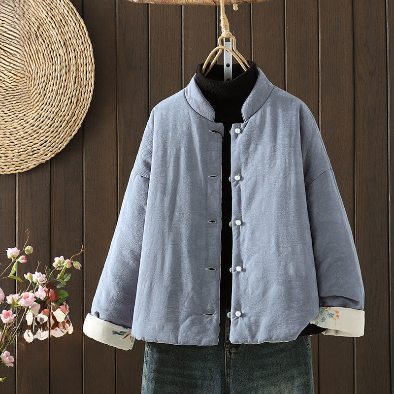 Kurtka damska z długim rękawem z grubej bawełny z motywem kwiatowym i guzikami w kształcie żaby w kolorze jednolitym z motywem Buddha Stones - LightSteelBlue - US8-10，UK/AU12-14，EU40-42 (2XL) - image 0