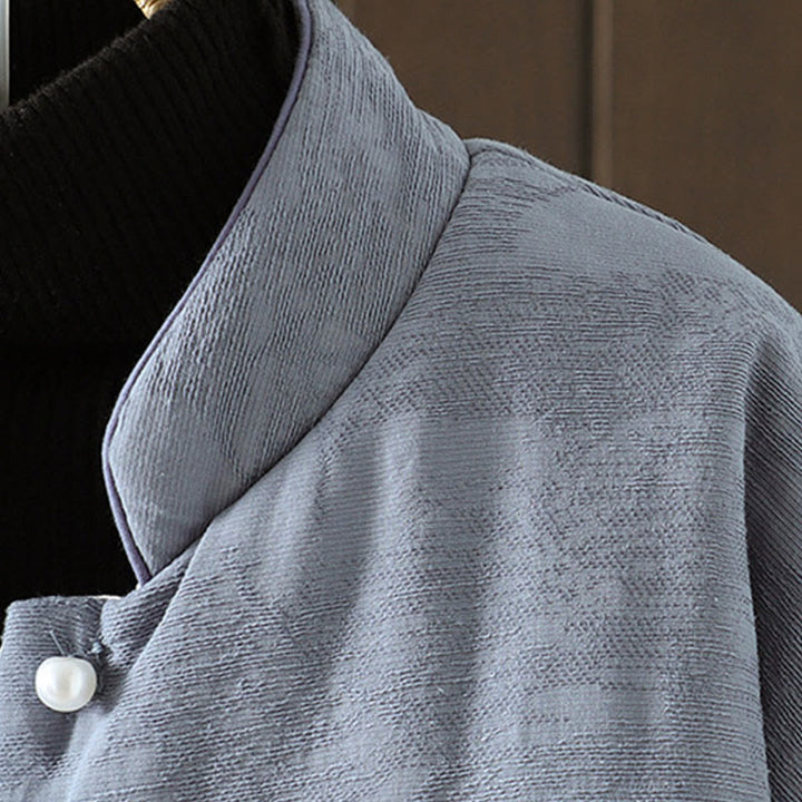 Kurtka damska z długim rękawem z grubej bawełny z motywem kwiatowym i guzikami w kształcie żaby w kolorze jednolitym z motywem Buddha Stones - image 3