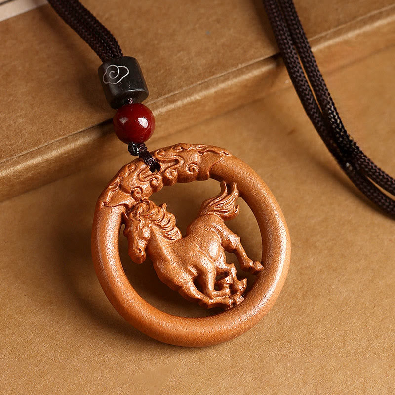 Buddha Stones z drewna brzoskwiniowego, chiński znak zodiaku, rok konia, odstraszający złe duchy - Koń z drewna brzoskwiniowego - Brązowa lina - image 0