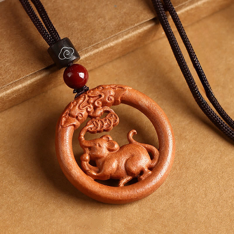 Buddha Stones z drewna brzoskwiniowego, chiński znak zodiaku, rok konia, odstraszający złe duchy - Szczur brzoskwiniowy - Brązowa lina - image 13