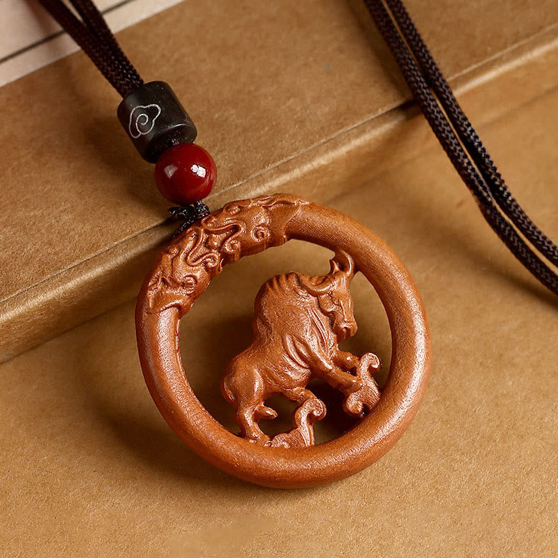 Buddha Stones z drewna brzoskwiniowego, chiński znak zodiaku, rok konia, odstraszający złe duchy - Brzoskwiniowy wół - Brązowa lina - image 15