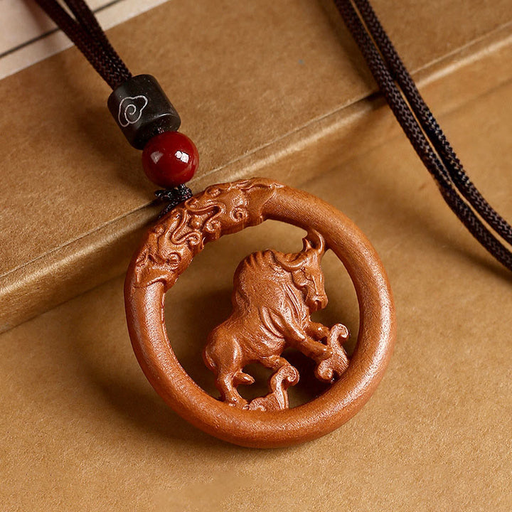Buddha Stones z drewna brzoskwiniowego, chiński znak zodiaku, rok konia, odstraszający złe duchy - Brzoskwiniowy wół - Brązowa lina - image 15