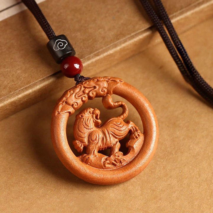 Buddha Stones z drewna brzoskwiniowego, chiński znak zodiaku, rok konia, odstraszający złe duchy - Brzoskwiniowy Tygrys - Brązowa lina - image 17