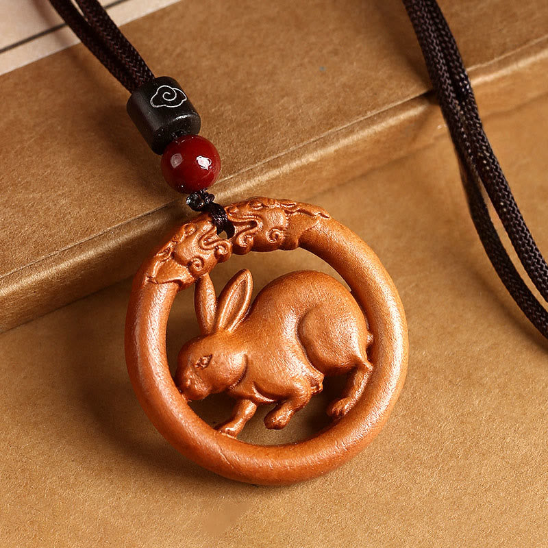 Buddha Stones z drewna brzoskwiniowego, chiński znak zodiaku, rok konia, odstraszający złe duchy - Królik brzoskwiniowy - Brązowa lina - image 19