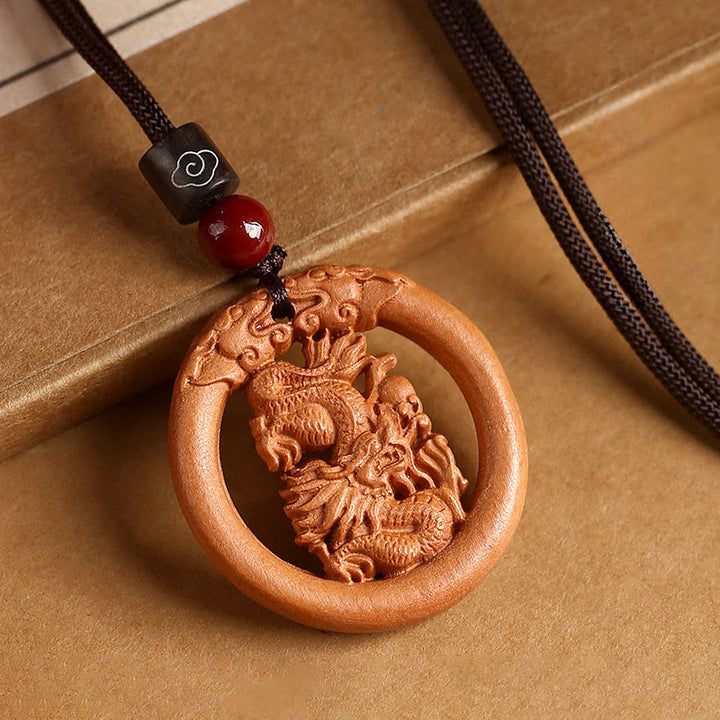 Buddha Stones z drewna brzoskwiniowego, chiński znak zodiaku, rok konia, odstraszający złe duchy - Brzoskwiniowy Smok - Brązowa lina - image 21