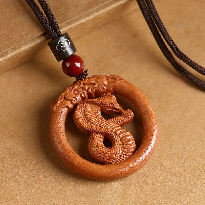 Buddha Stones z drewna brzoskwiniowego, chiński znak zodiaku, rok konia, odstraszający złe duchy - Wąż drzewny brzoskwiniowy - Brązowa lina - image 23