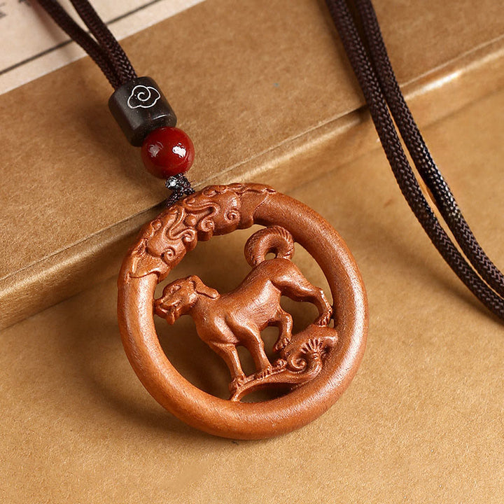 Buddha Stones z drewna brzoskwiniowego, chiński znak zodiaku, rok konia, odstraszający złe duchy - Brzoskwiniowy Pies Drewniak - Brązowa lina - image 31