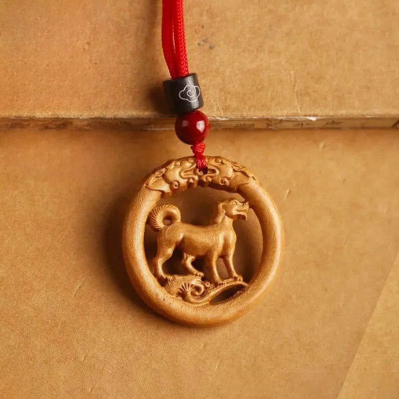 Buddha Stones z drewna brzoskwiniowego, chiński znak zodiaku, rok konia, odstraszający złe duchy - Brzoskwiniowy Pies Drewniak - Czerwona lina - image 32