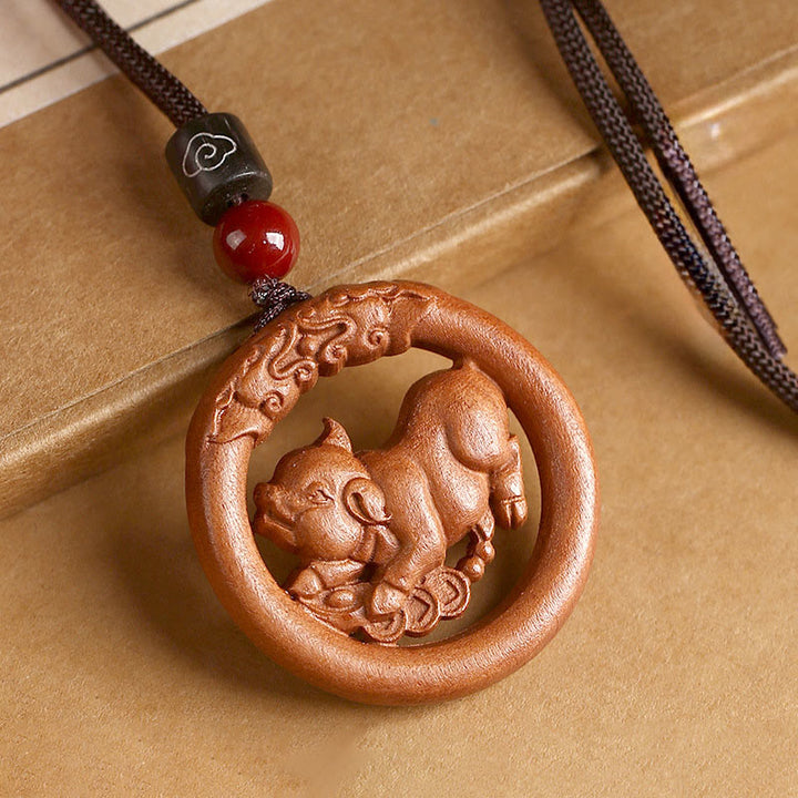 Buddha Stones z drewna brzoskwiniowego, chiński znak zodiaku, rok konia, odstraszający złe duchy - Świnka brzoskwiniowa - Brązowa lina - image 33