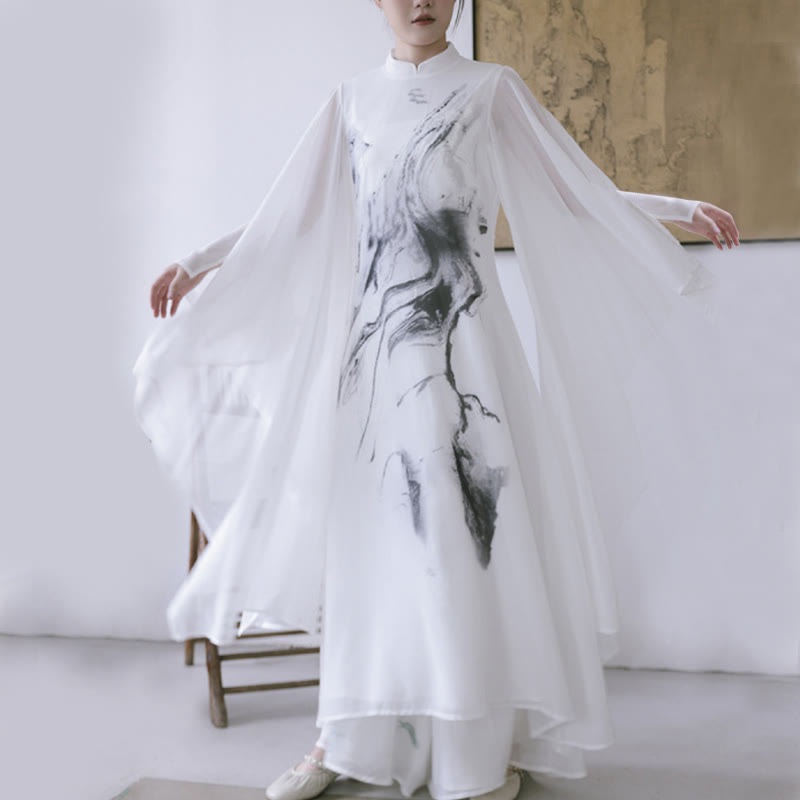 Spodnie damskie do medytacji midi z krótkim rękawem i nadrukiem w białe Buddha Stones, odzież zen - image 2