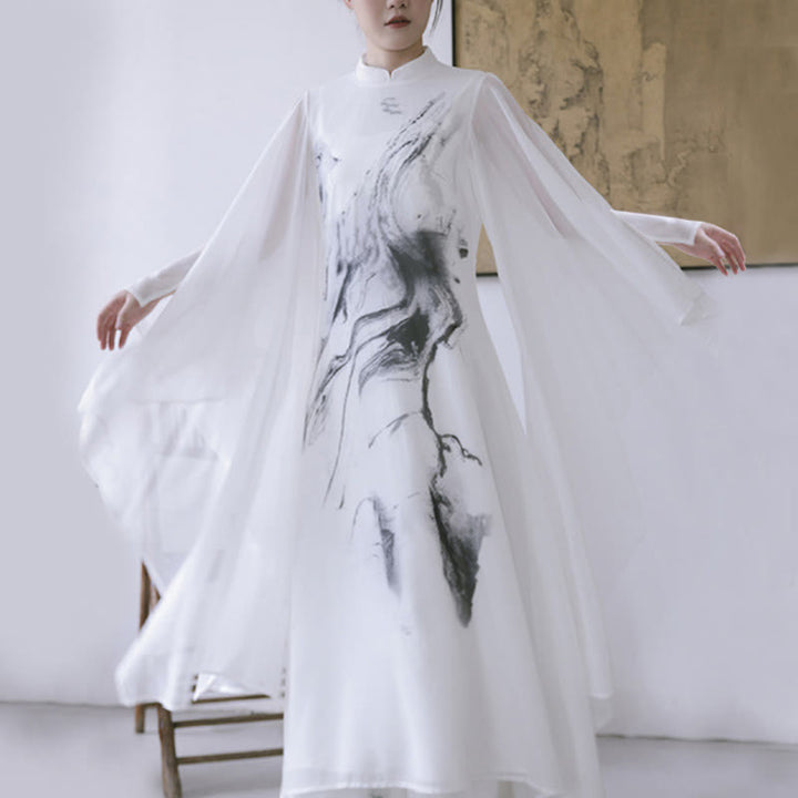 Spodnie damskie do medytacji midi z krótkim rękawem i nadrukiem w białe Buddha Stones, odzież zen - Sukienka (tylko sukienka) - US8-10，UK/AU12-14，EU40-42 (2XL) - image 10