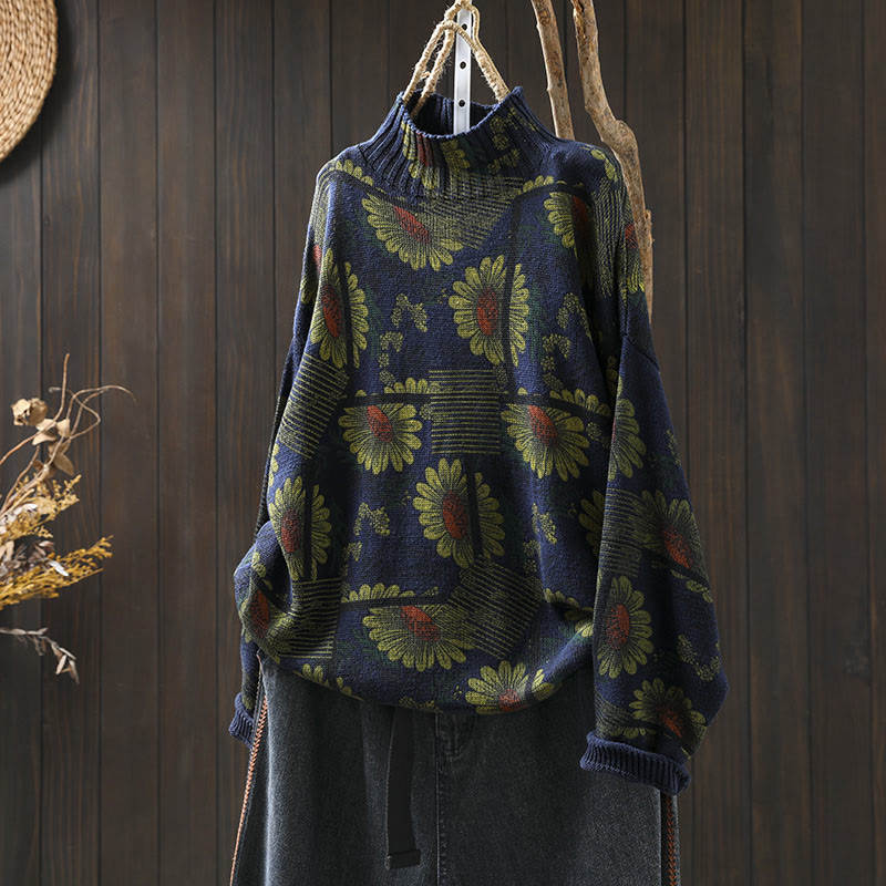 Sweter damski bawełniany z długim rękawem i okrągłym dekoltem w kształcie słonecznika z motywem Buddha Stones - MidnightBlue - US4-8/10, UK/AU8-12/14, EU36-40/42 (F) - image 2