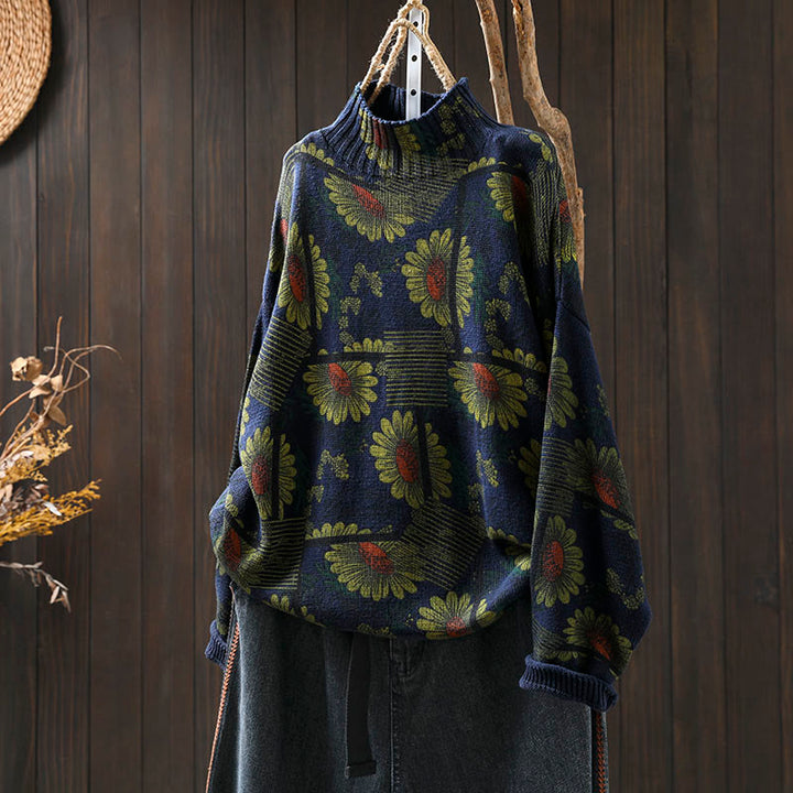 Sweter damski bawełniany z długim rękawem i okrągłym dekoltem w kształcie słonecznika z motywem Buddha Stones - MidnightBlue - US4-8/10, UK/AU8-12/14, EU36-40/42 (F) - image 2