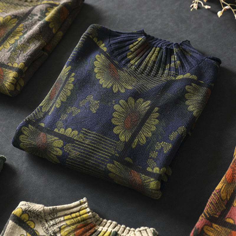 Sweter damski bawełniany z długim rękawem i okrągłym dekoltem w kształcie słonecznika z motywem Buddha Stones - image 6