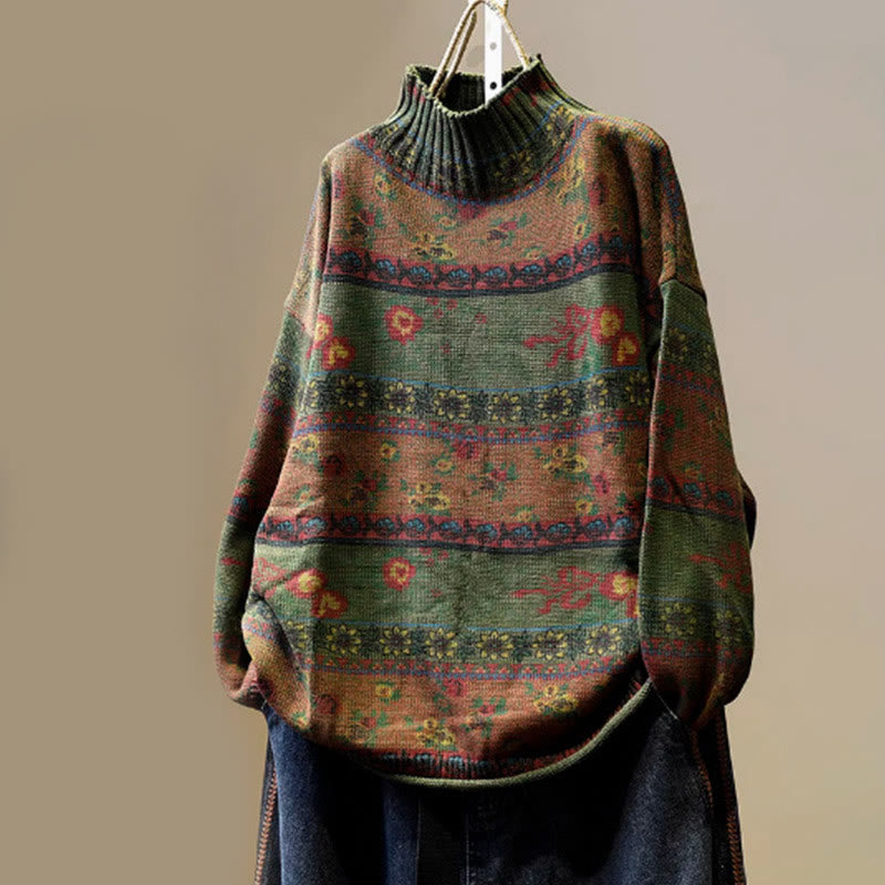 Sweter damski z bawełny z długim rękawem i okrągłym dekoltem w kwiaty w kolorze białym z Buddha Stones - DarkOliveGreen - US4-6, UK/AU8-10, EU36-38 (F) - image 15