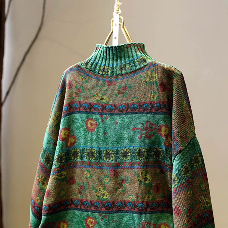 Sweter damski z bawełny z długim rękawem i okrągłym dekoltem w kwiaty w kolorze białym z Buddha Stones - image 5